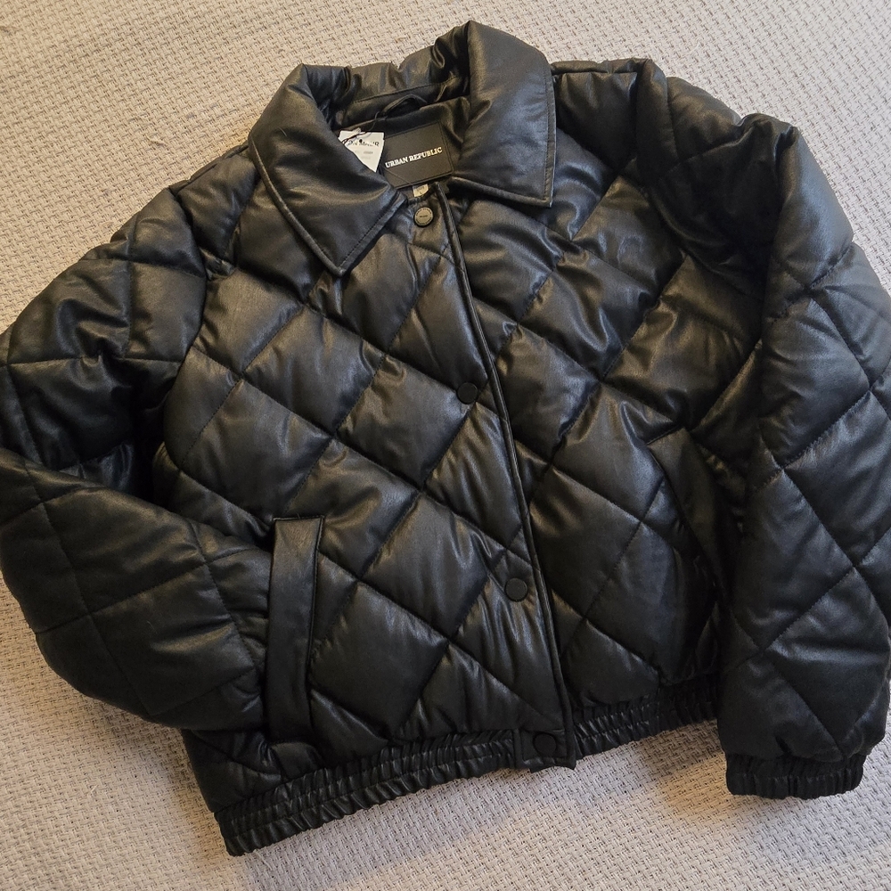 Black Quilted Pleather Bomber Puffer Jacket